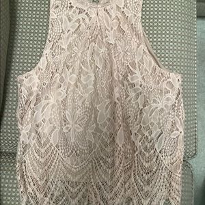 Nude rayon mock neck tank with lace overlay